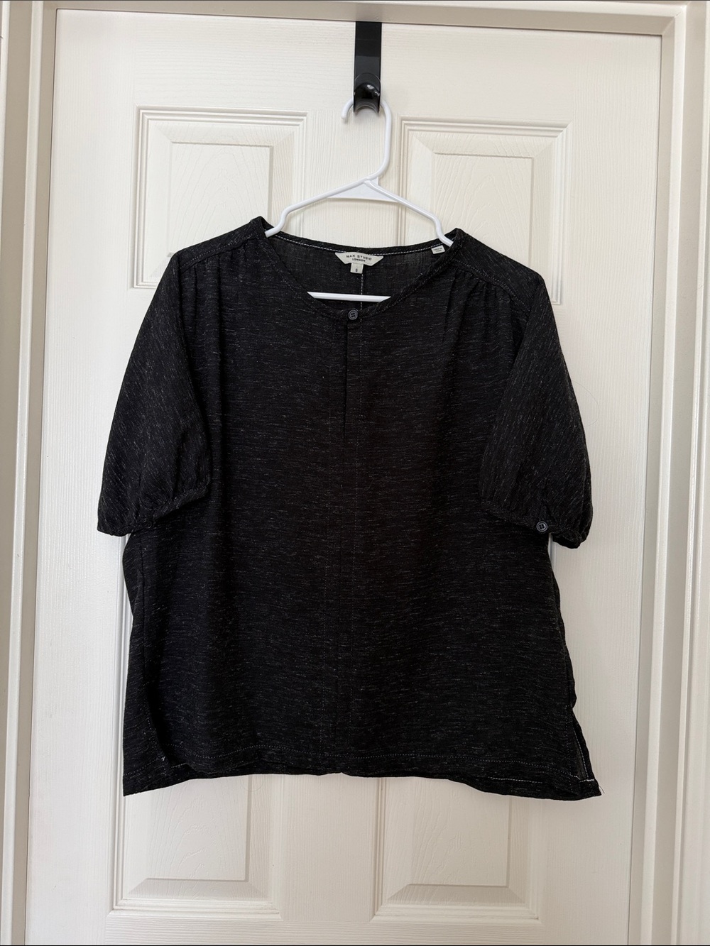 Max Studio Black Short-Sleeve Button-Neck Blouse